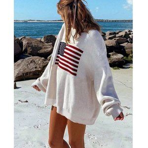 usa flag american 4th of july oversized knot sweater white